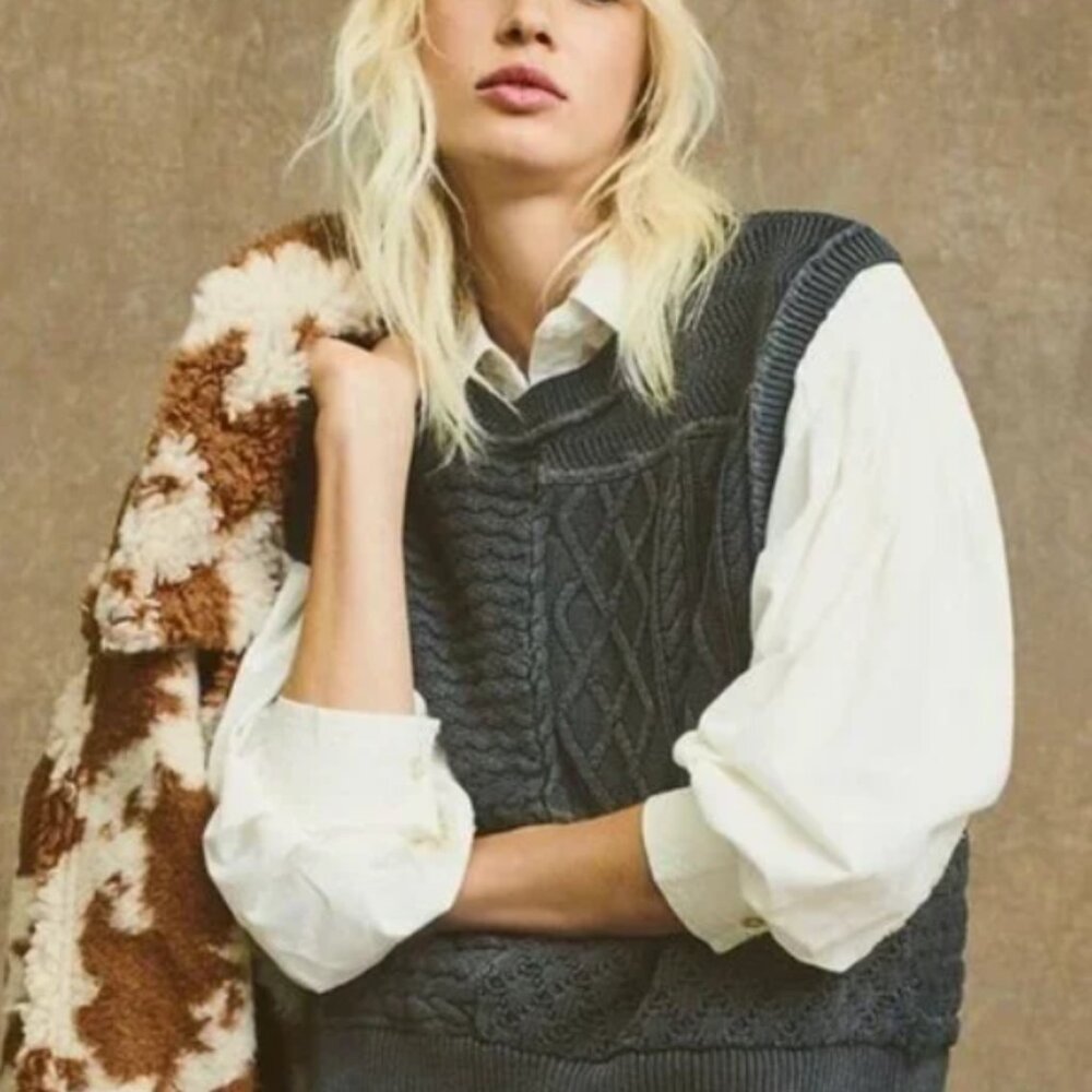 NWT Free People Take The Plunge Cable Sweater Vest in Distressed Black Medium